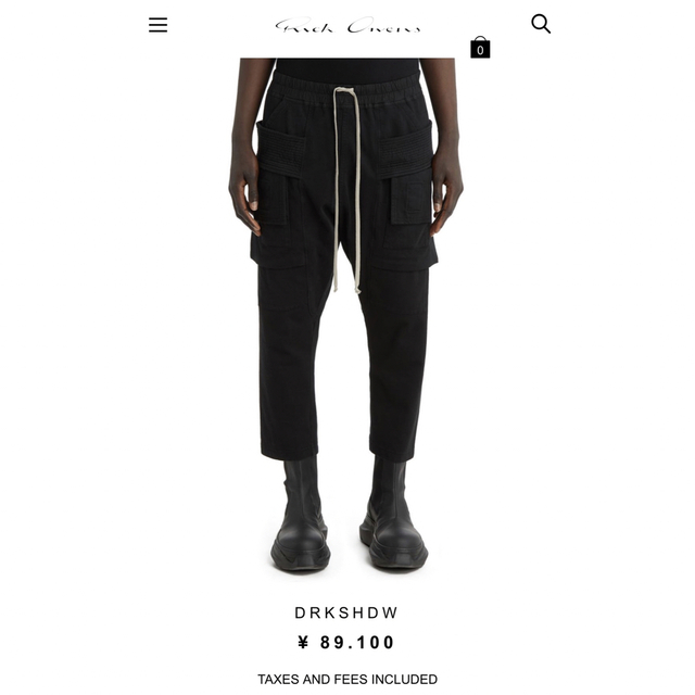 美品 リックオウエンス RICK OWENS クロップド カーゴパンツ M 黒色