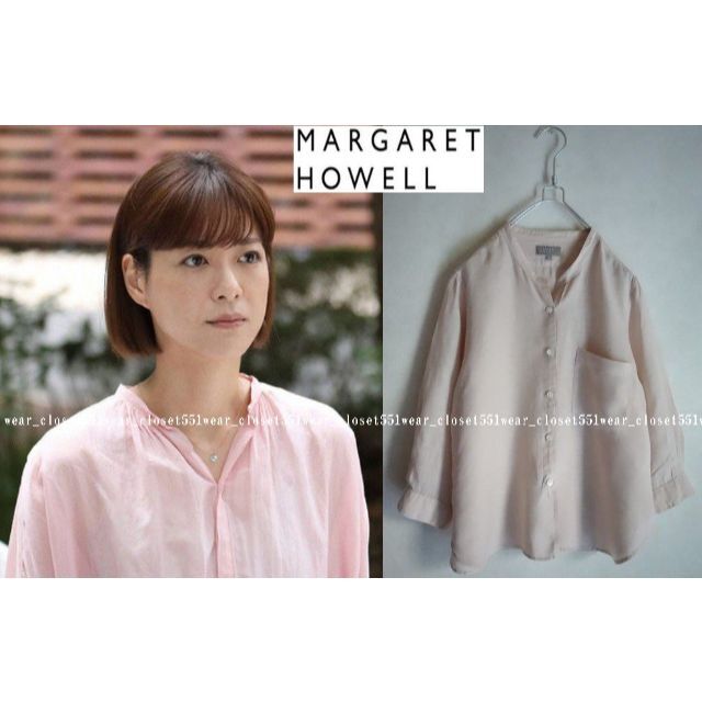 MARGARET HOWELL(マーガレットハウエル)の2021 美品マーガレットハウエル☆FINE リネンノーカラーシャツ 1 ピンク レディースのトップス(シャツ/ブラウス(長袖/七分))の商品写真