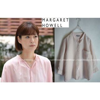 マーガレットハウエル(MARGARET HOWELL)の2021 美品マーガレットハウエル☆FINE リネンノーカラーシャツ 1 ピンク(シャツ/ブラウス(長袖/七分))