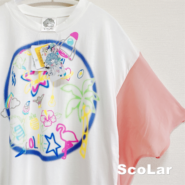 ScoLar(スカラー)の【ScoLar】スカラー ネオン柄シフォン切替 シャツプルオーバー タグ付未使用 レディースのトップス(シャツ/ブラウス(半袖/袖なし))の商品写真