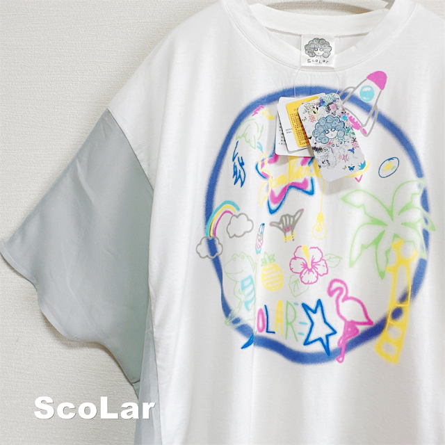 ScoLar(スカラー)の【ScoLar】スカラー ネオン柄シフォン切替 シャツプルオーバー タグ付未使用 レディースのトップス(シャツ/ブラウス(半袖/袖なし))の商品写真