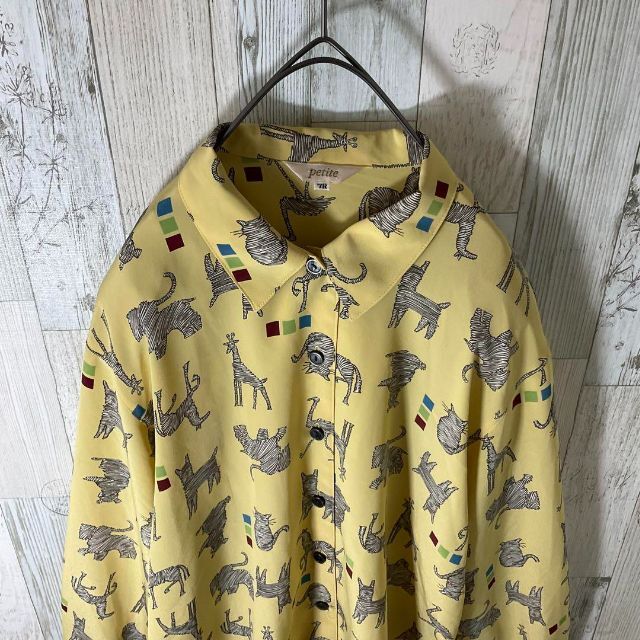 柄シャツ レディース 長袖 M 黄色 古着 総柄 アニマル柄 レトロ 柄シャツ レディース 長袖 M 黄色 古着 総柄 アニマル柄 レトロ