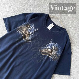 アートヴィンテージ(ART VINTAGE)の【vintage】狼 オオカミ ビッグ プリント ルーズ Tシャツ 濃紺 XL(Tシャツ/カットソー(半袖/袖なし))