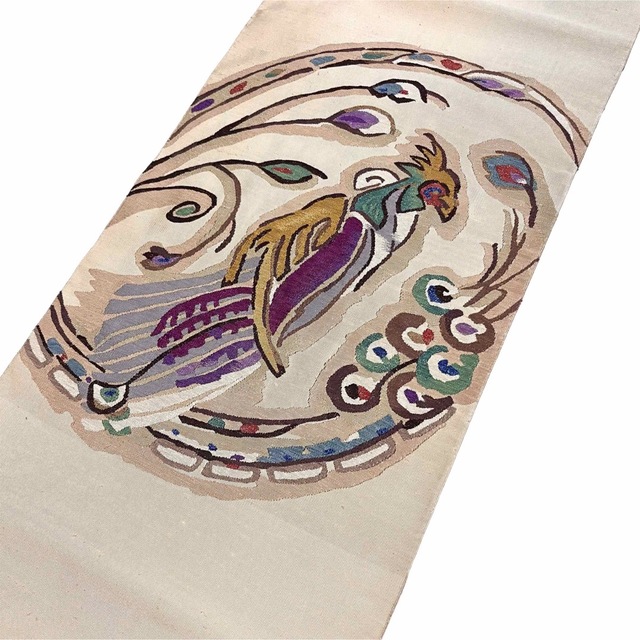 《#kira177》美品⭐️名古屋帯 正絹 綴れ織 アイボリー 孔雀 鳳凰