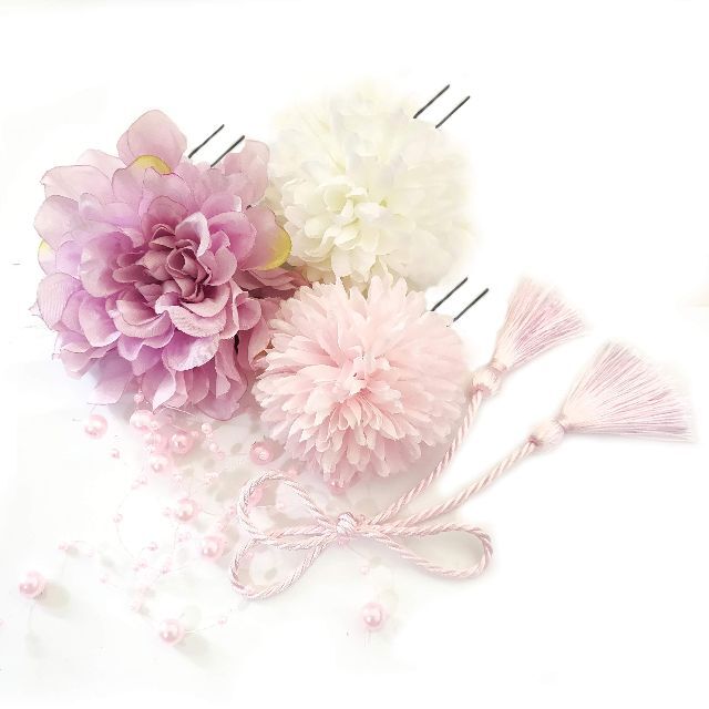 【色: ビーズ ピンク】JZOON 髪飾り5点セット 花 ドライフラワー 成人式