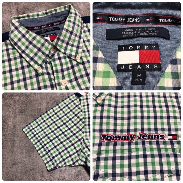 TOMMY JEANS(トミージーンズ)のトミージーンズ☆刺繍ロゴ・ロゴタグ肩切替半袖シアサッカーチェックシャツ 90s メンズのトップス(シャツ)の商品写真