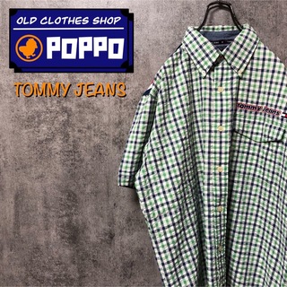 トミージーンズ(TOMMY JEANS)のトミージーンズ☆刺繍ロゴ・ロゴタグ肩切替半袖シアサッカーチェックシャツ 90s(シャツ)