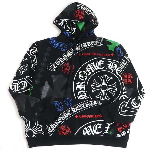 極美品□クロムハーツ STENCIL HOODIE ホースシュー/スクロールラベル/セメタリークロス 総柄 プルオーバーパーカー/フーディー 黒 L  USA製 | フリマアプリ ラクマ