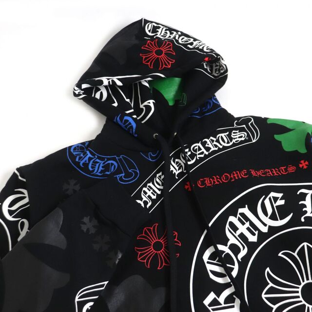 極美品□クロムハーツ STENCIL HOODIE ホースシュー/スクロールラベル/セメタリークロス 総柄 プルオーバーパーカー/フーディー 黒 L  USA製