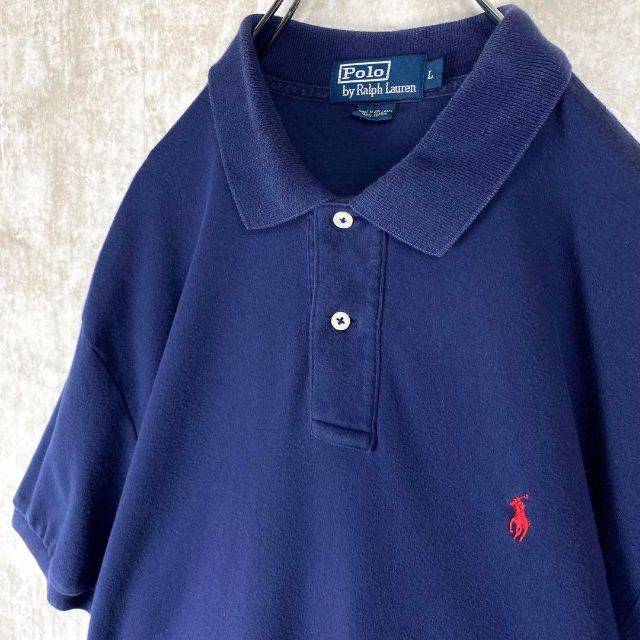 90s ラルフローレン 天竺 刺繍ポニー ポロシャツ 半袖 紺赤 ネイビー L