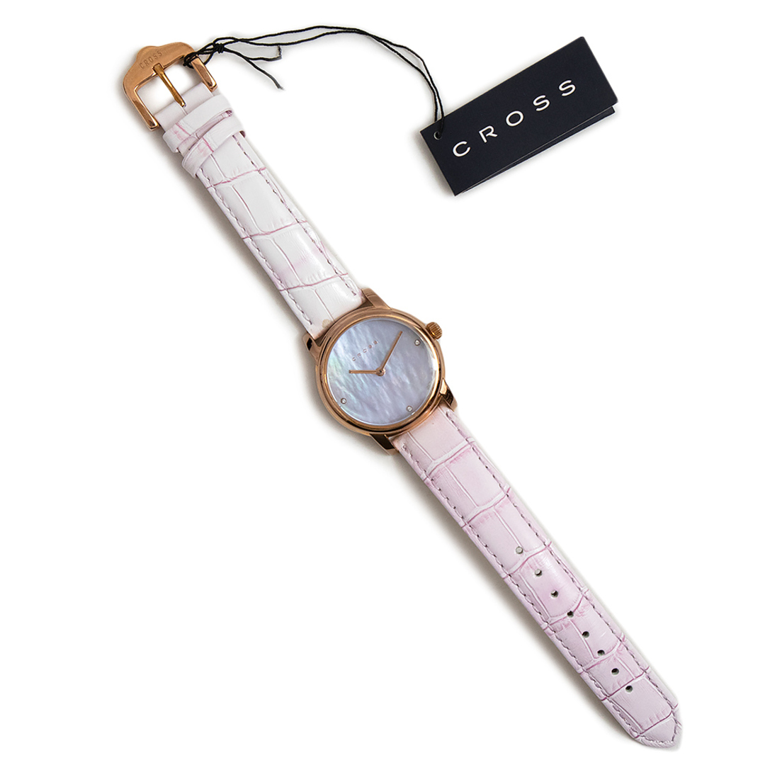 CROSS(クロス)のクロス 腕時計 クォーツ ステンレススチール レザー ミネラルクリスタル パープルパール ピンクゴールド シェル文字盤 CR9038-03 箱付 CROSS（新品・未使用品） レディースのファッション小物(腕時計)の商品写真