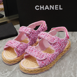 くすみ水色 CHANEL ツイード生地の可愛いサンダル37 - 通販 - www