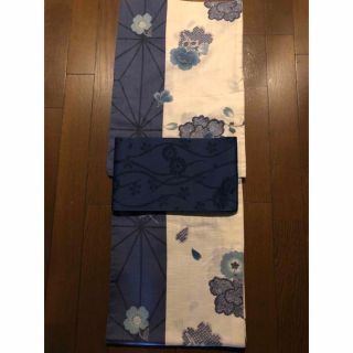 （なお様・専用】浴衣　ゆかた　お仕立て上がり　白×ブルー　花柄　浴衣帯(浴衣)