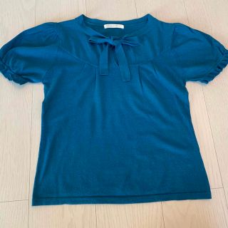 トップス　カットソー　半袖　リボン　青　Tシャツ　レディース   オシャレ　(Tシャツ(半袖/袖なし))