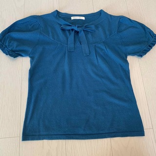 トップス　カットソー　半袖　リボン　青　Tシャツ　レディース   オシャレ　(Tシャツ(半袖/袖なし))