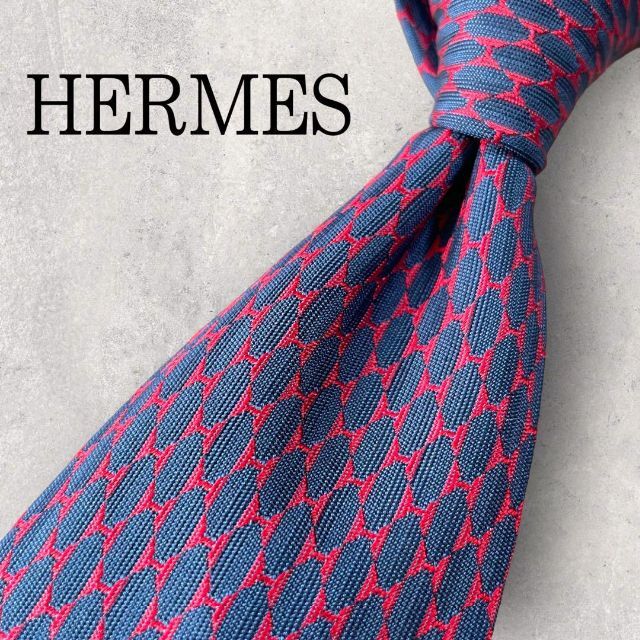 美品 HERMES エルメス H柄 ジャガード ネクタイ ネイビー レッド 紺