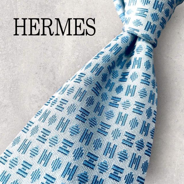 HERMES エルメス ジャガード ネクタイ H柄 ブルー 人気 高級 極美品-