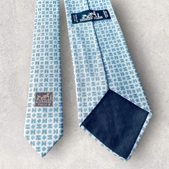 美品 HERMES エルメス H柄 ジャガード ファソネ ネクタイ 水色 ブルー