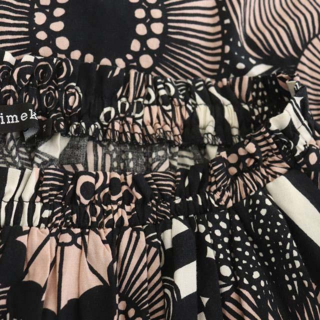 marimekko(マリメッコ)のマリメッコ 総柄フレアスカート 膝丈 ギャザー XS ピンク 黒 オフホワイト レディースのスカート(ひざ丈スカート)の商品写真