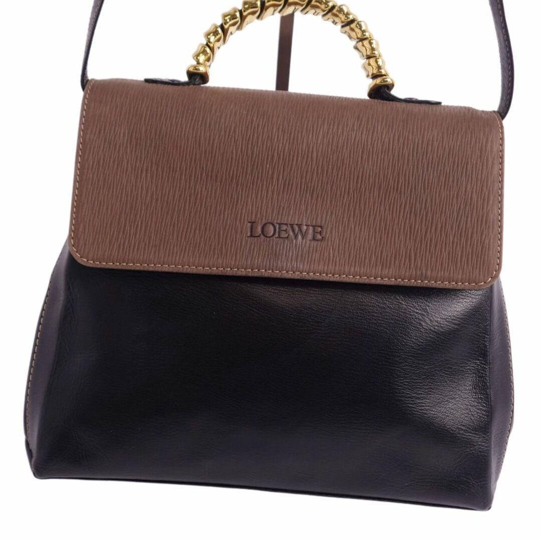 美品 Vintage ロエベ LOEWE バッグ ツイスト金具 2way ハンドバッグ ショルダーバッグ カーフレザー 本革 カバン 鞄 レディース  ブラック/ブラウン