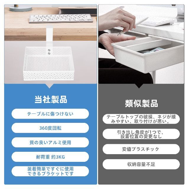 【色: ホワイト】Amrlidy テーブル下収納ラック 引き出し 後付け引き出し 6