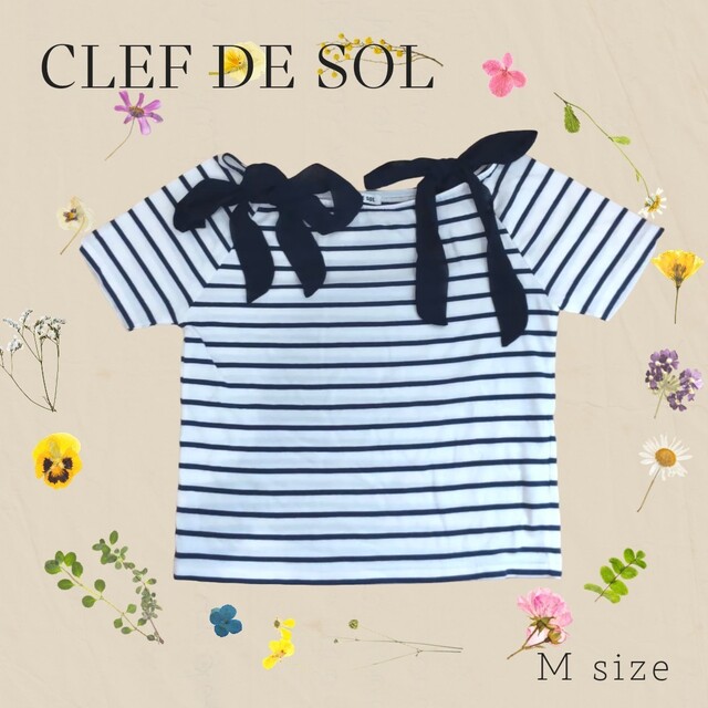 CLEF DE SOL(クレドソル)の【CLEF DE SOL】 ボーダー りぼん 肩出し Tシャツ カットソー レディースのトップス(カットソー(半袖/袖なし))の商品写真