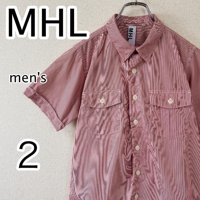 人気　MHL 赤　半袖　メンズ　レッド　ストライプ　シャツ　清潔感