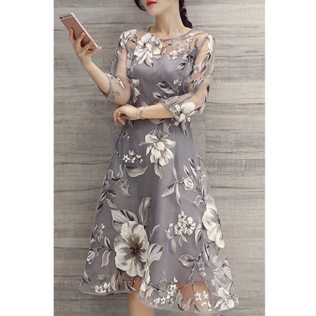 ワンピース 花柄  グレー　XL　ドレス　結婚式　二次会　フォーマル お呼ばれ レディースのフォーマル/ドレス(ミディアムドレス)の商品写真