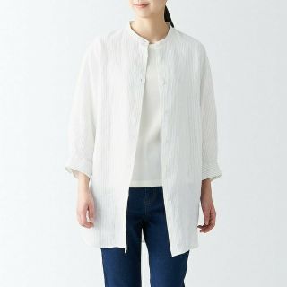 ムジルシリョウヒン(MUJI (無印良品))の《新品》  無印良品 ヘンプ洗いざらし七分袖チュニック／アイボリーストライプ／Ｌ(チュニック)