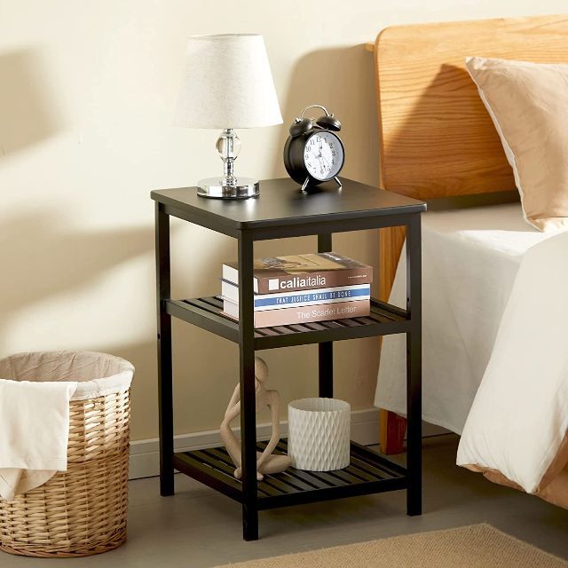 色: 黒】IBOOHOME ベッドサイドテーブル2個セット 竹製サイドテーブル