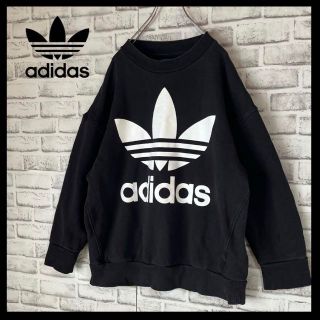 アディダス(adidas)の【ビッグセンターロゴ】アディダス⭐︎トレフォイルパーカー　厚手リブ　大きめ　黒(スウェット)