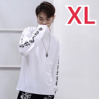 ロンT スケボー ダンス オルチャン 衣装 ストリート 黒 オレンジ 白 XL(Tシャツ/カットソー(七分/長袖))