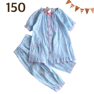【150】ネコ柄 半袖 6分丈パンツ コットン パジャマ 綿100% 水色(パジャマ)