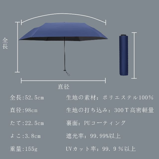 【色: ネイビー】折り畳み日傘 超軽量161g 晴雨兼用 99.9％以上UVカッ 2
