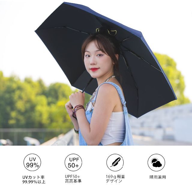 【色: ネイビー】折り畳み日傘 超軽量161g 晴雨兼用 99.9％以上UVカッ 3