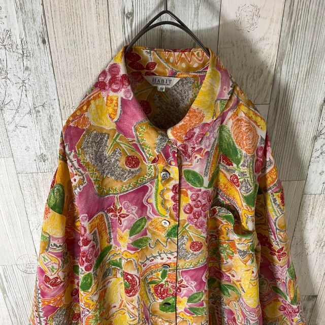 柄シャツ レディース 長袖 L ピンク 古着 総柄 花柄 レトロ アート 透け