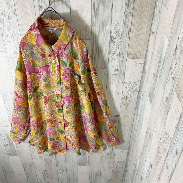 柄シャツ レディース 長袖 L ピンク 古着 総柄 花柄 レトロ アート