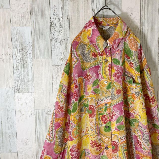 柄シャツ レディース 長袖 L ピンク 古着 総柄 花柄 レトロ アート 透け