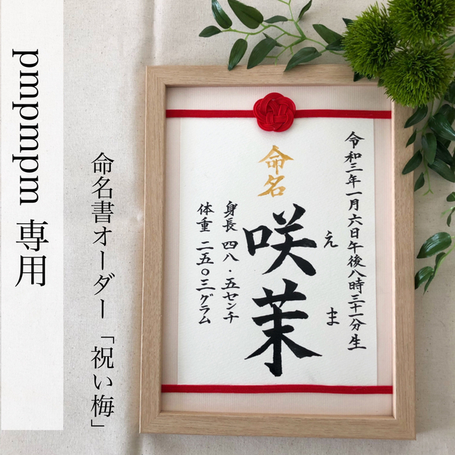 pmpmpm 様専用【お急ぎ便】命名書オーダー「祝い梅」通常版 キッズ/ベビー/マタニティのメモリアル/セレモニー用品(命名紙)の商品写真