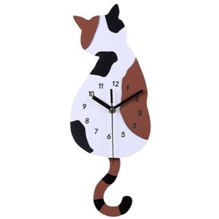 【色: ブラウン】掛け時計 猫 猫型 三毛猫 子猫 しっぽが動く おしゃれ 可愛(置時計)