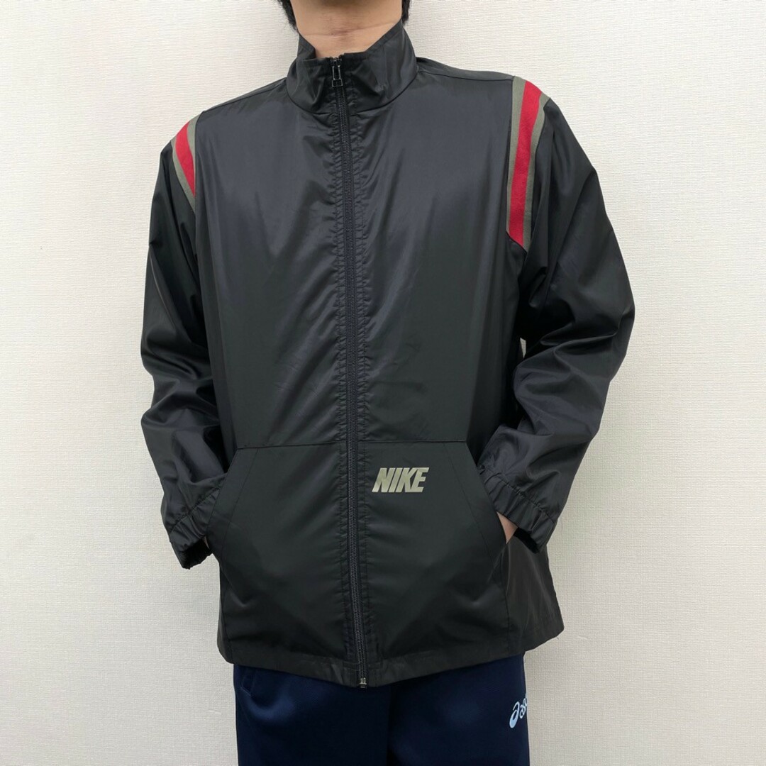 US古着 ナイキ NIKE ジップアップ ナイロン ジャケット 長袖 ロゴ プリント サイズ：メンズ XL ビッグサイズ ブラック×レッド×オリーブ系  【中古】