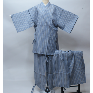 甚平 男性用 綿麻 2パンツセット Lサイズ グレー 縞 NO38946(その他)