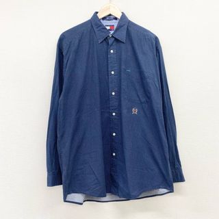 トミーヒルフィガー(TOMMY HILFIGER)のUS古着 トミーヒルフィガー TOMMY HILFIGER ロングスリーブシャツ 長袖 ピンドット柄 ロゴ 刺繍 サイズ：メンズ M ネイビー【中古】(シャツ)