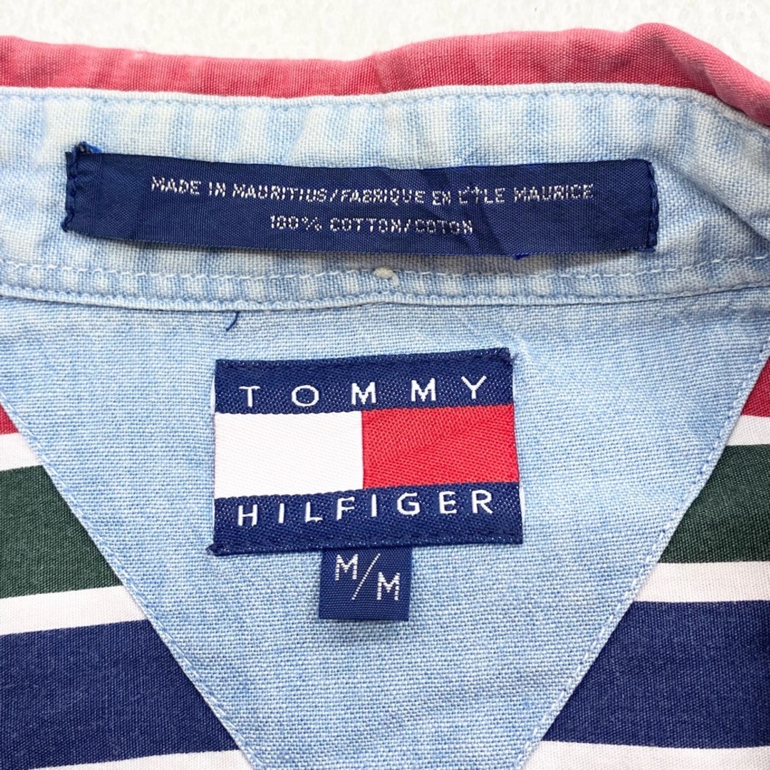 TOMMY HILFIGER(トミーヒルフィガー)のUS古着 トミーヒルフィガー TOMMY HILFIGER ボタンダウンシャツ 長袖 ストライプ ロゴ 刺繍 サイズ：メンズ M グリーン×レッド×ネイビー【中古】 メンズのトップス(シャツ)の商品写真