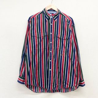 トミーヒルフィガー(TOMMY HILFIGER)のUS古着 トミーヒルフィガー TOMMY HILFIGER ボタンダウンシャツ 長袖 ストライプ ロゴ 刺繍 サイズ：メンズ M グリーン×レッド×ネイビー【中古】(シャツ)