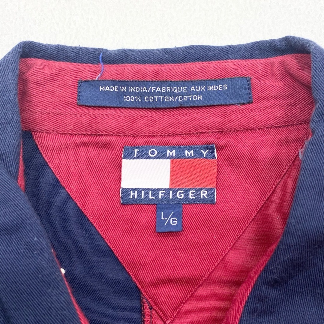 TOMMY HILFIGER(トミーヒルフィガー)のUS古着 トミーヒルフィガー TOMMY HILFIGER ロングスリーブシャツ 長袖 星条旗 ボーダー ロゴ 刺繍 サイズ：メンズ L エンジ×オフホワイト×ネイビー【中古】 メンズのトップス(シャツ)の商品写真