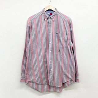 トミーヒルフィガー(TOMMY HILFIGER)のUS古着 トミーヒルフィガー TOMMY HILFIGER ボタンダウンシャツ オックスフォードシャツ 長袖 ストライプ ロゴ 刺繍 サイズ：メンズ S サーモンピンク×オリーブ【中古】(シャツ)