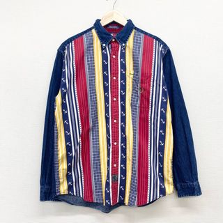 トミーヒルフィガー(TOMMY HILFIGER)のUS古着 トミーヒルフィガー TOMMY HILFIGER デニムシャツ ボタンダウン 長袖 切り替え チェック ストライプ ロゴ 刺繍 サイズ：メンズ M相当 インディゴ×ネイビー×レッド等【中古】(シャツ)