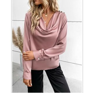 SHEIN シーイン ドレープカラー トップス シャツ ブラウス ダスティピンク(シャツ/ブラウス(長袖/七分))