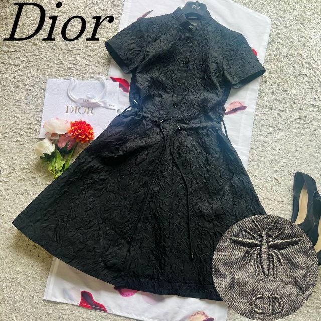 36000円 【美品】Christian Dior フレアワンピース ブラック 半袖 36 S